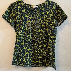 Michael Kors Green and Black Leopard Print Tee metallic rhinestones logo S